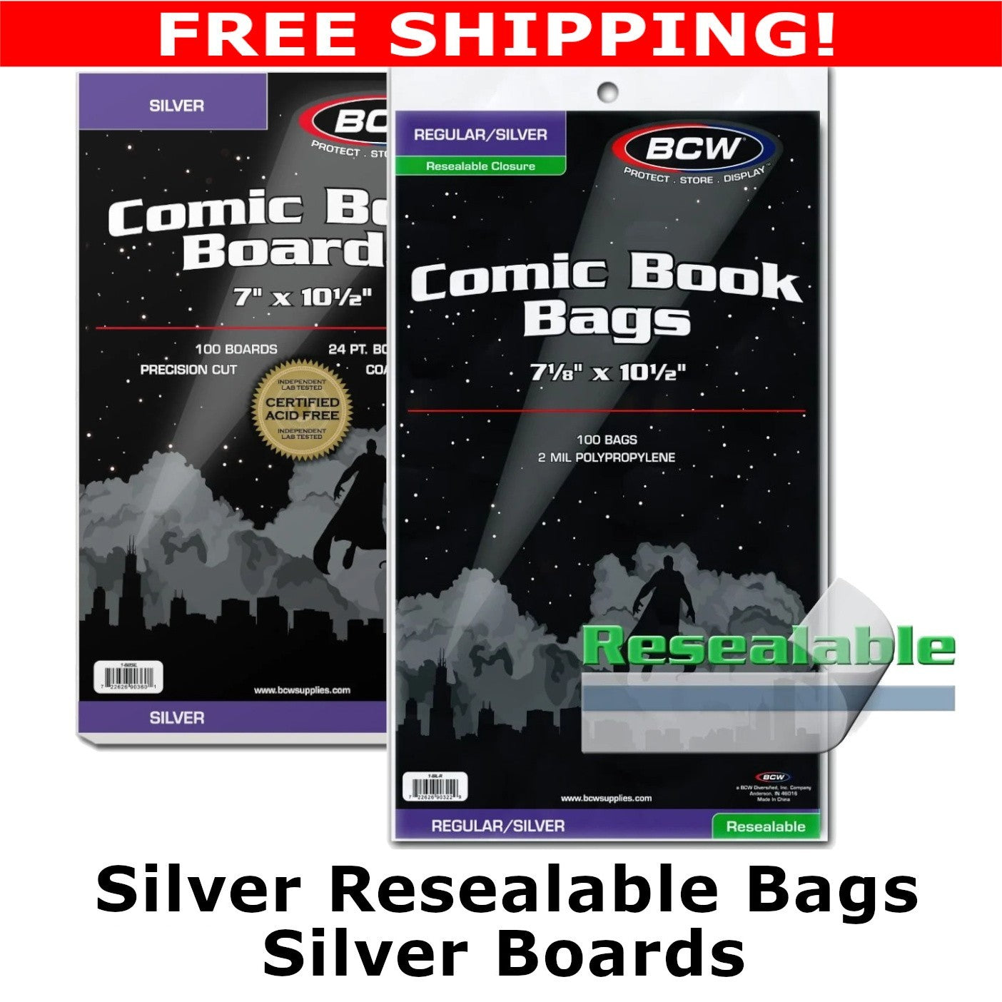 BCW - Resealable Silver Comic Bags & Silver Comic Boards - Multiple Quantities