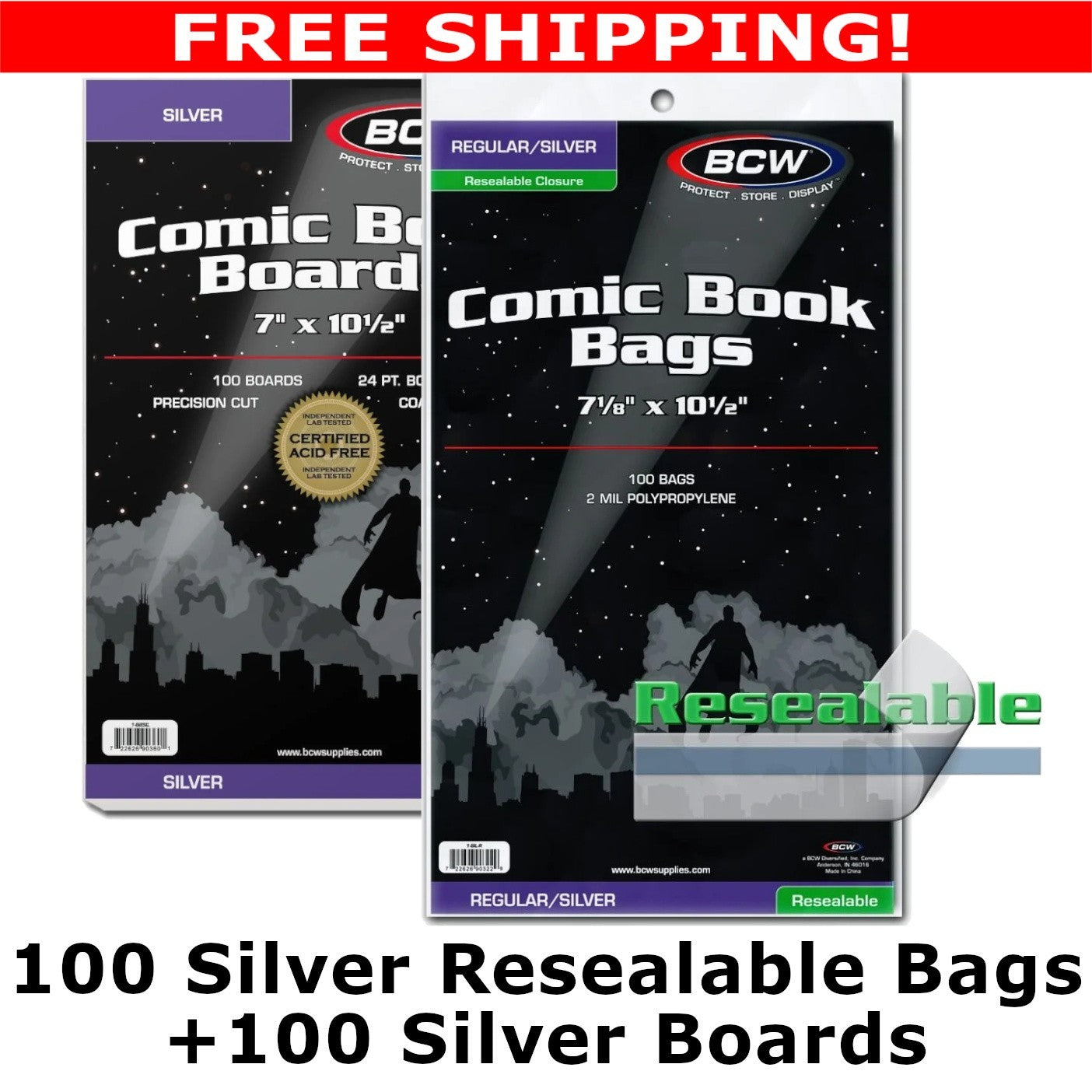 BCW - Resealable Silver Comic Bags & Silver Comic Boards - Multiple Quantities